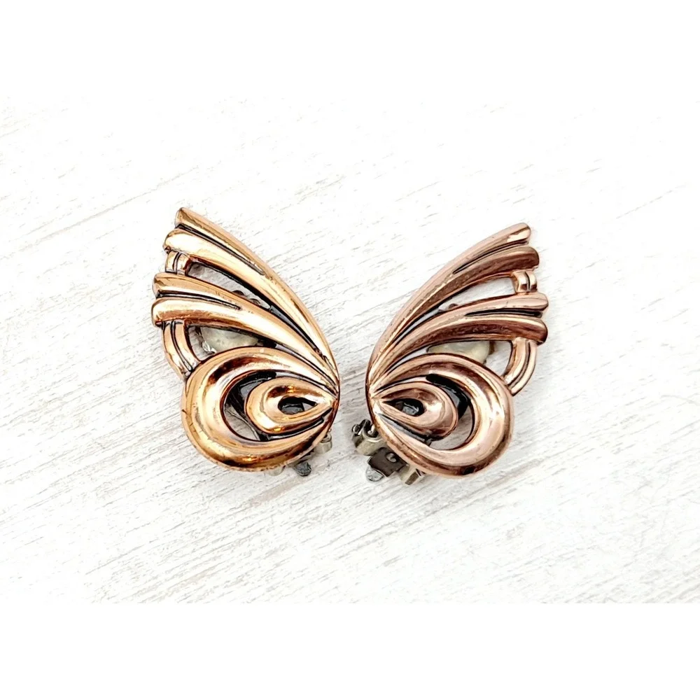Vintage Matisse Copper Earrings Clip-On Butterfly Wing Designer Jewelry